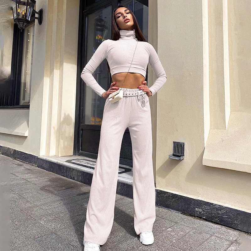 Fashion high necked pants sexy 2 piece corset sweater set women solid color slim sportswear