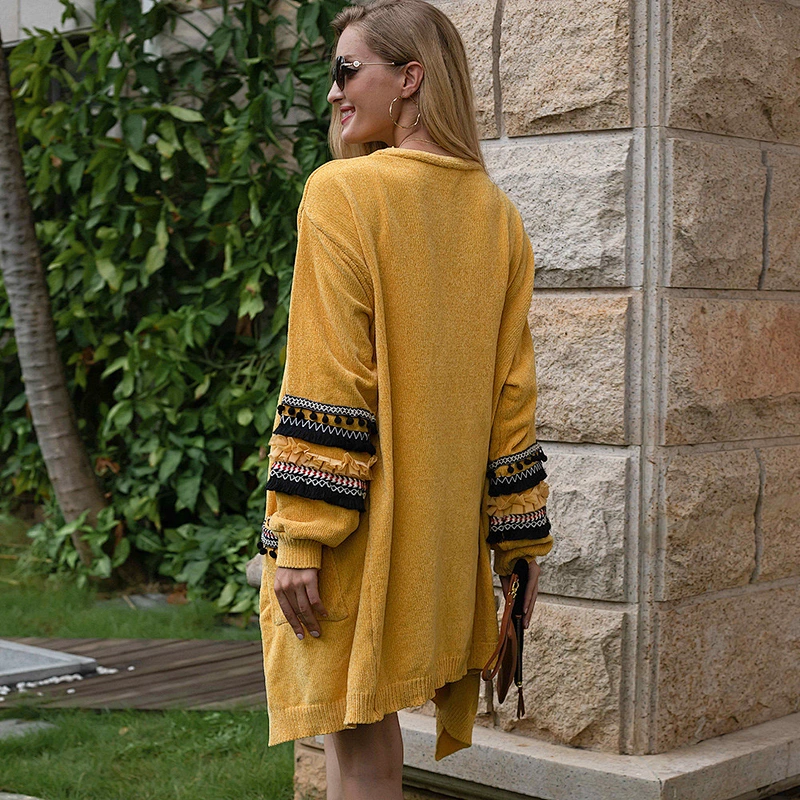 Women's cardigan sweater puff sleeve casual long knitwear sweater with pocket