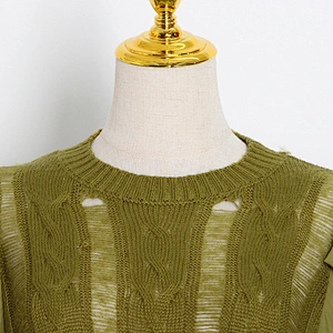 Autumn new style fashion retro puff sleeve tops round neck stitching knit sweater for women