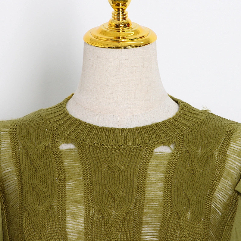 Autumn new style fashion retro puff sleeve tops round neck stitching knit sweater for women
