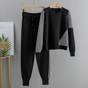 Houndstooth Knit 2 Piece Set Tracksuits Pullover  Fall Winter Women oversized sweater set