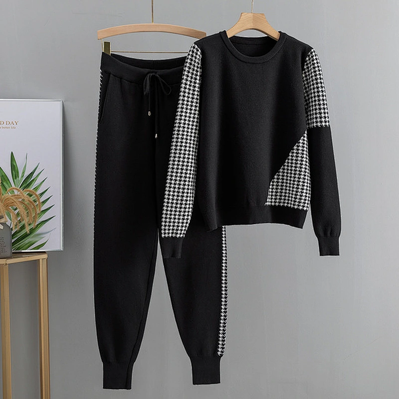 Houndstooth Knit 2 Piece Set Tracksuits Pullover  Fall Winter Women oversized sweater set