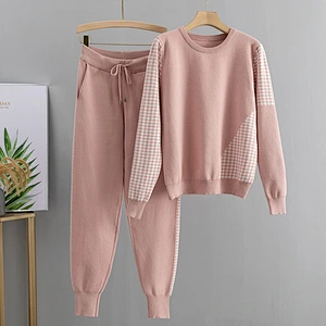 Houndstooth Knit 2 Piece Set Tracksuits Pullover  Fall Winter Women oversized sweater set
