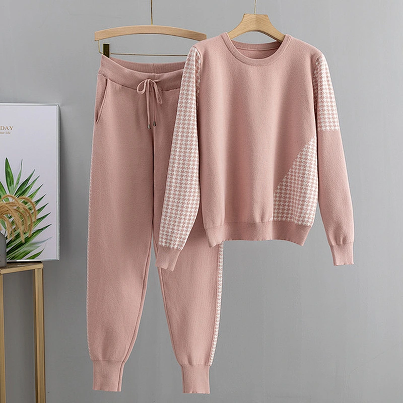 Houndstooth Knit 2 Piece Set Tracksuits Pullover  Fall Winter Women oversized sweater set