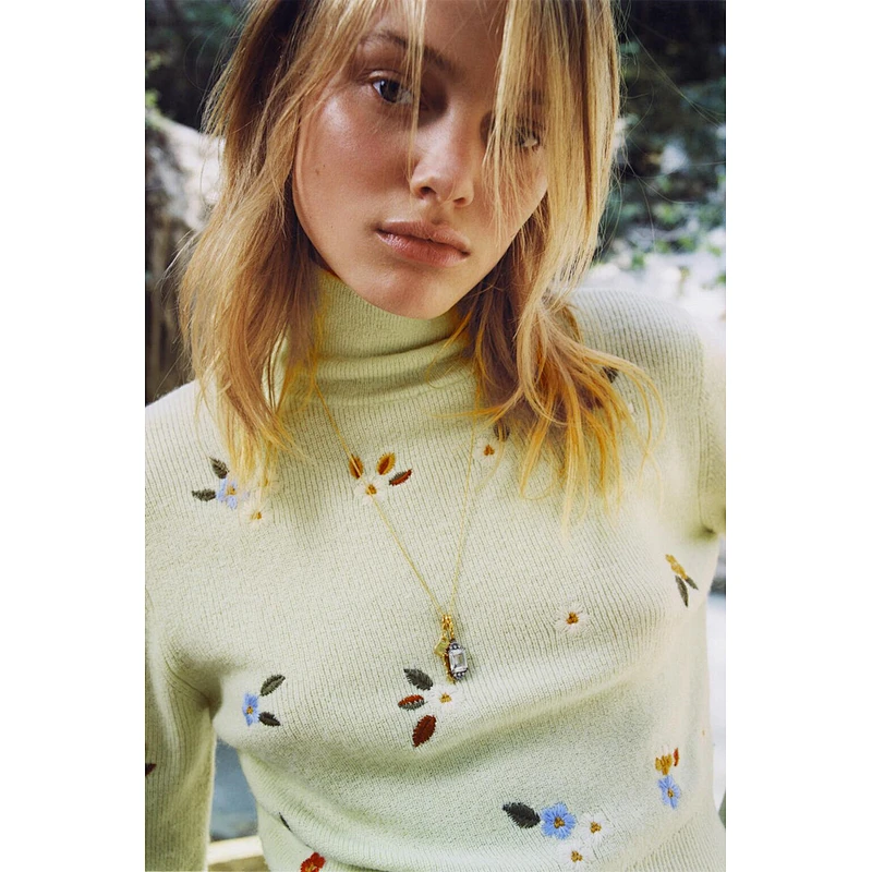 Floral Embroidery Cropped Winter Knitted Sweater women High Neck Long Sleeve Girl Pullovers Tops