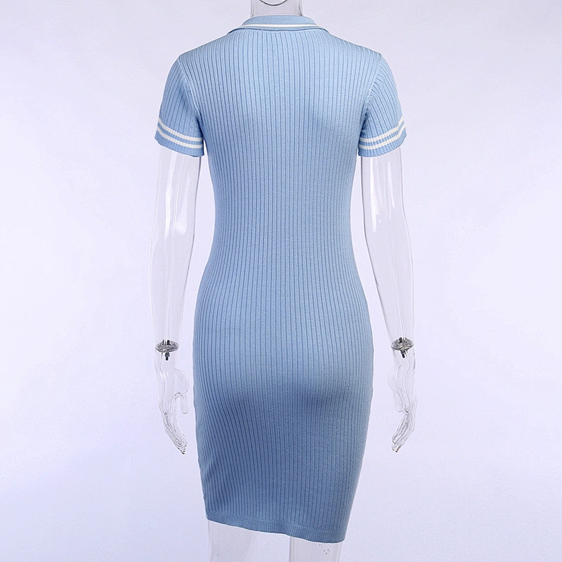 Women summer dress pure color bodycon knitted hip skirt Single-breasted polo-neck casual  dress