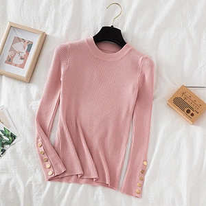 casual autumn winter women thick sweater pullovers long sleeve button o-neck chic Sweater Female Slim knit top soft jumper tops