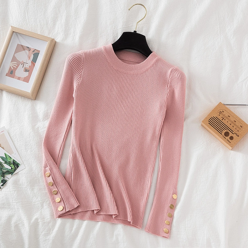 casual autumn winter women thick sweater pullovers long sleeve button o-neck chic Sweater Female Slim knit top soft jumper tops