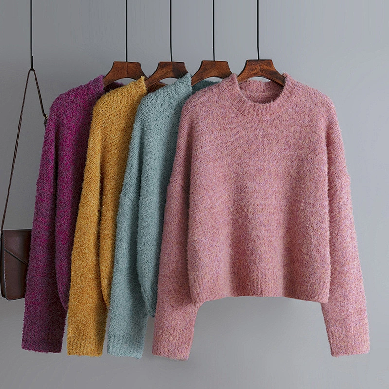 ladies cashmere oem college custom sweater pullover round neck acrylic basic knit sweaters