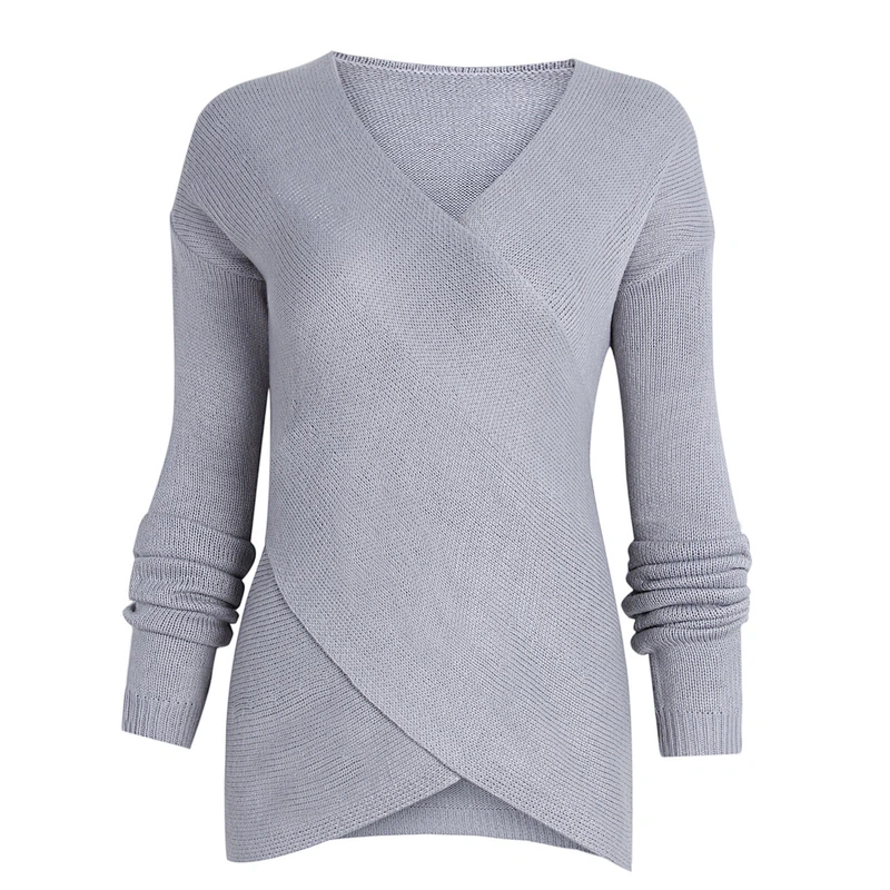 Women clothing autumn casual knitted sweater V-neck Irregular bottom sweater in stock