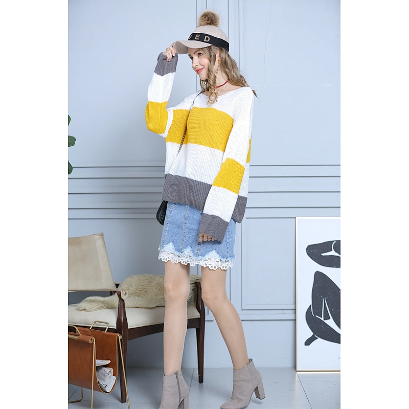 Striped pullover apparel mohair knitwear stitching trumpet sleeve sweater
