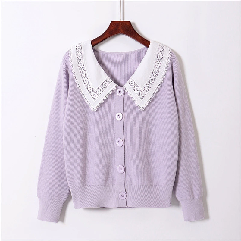 Solid color loose vintage Sweaters knit cardigans blouses turn down collar women spring autumn sweater