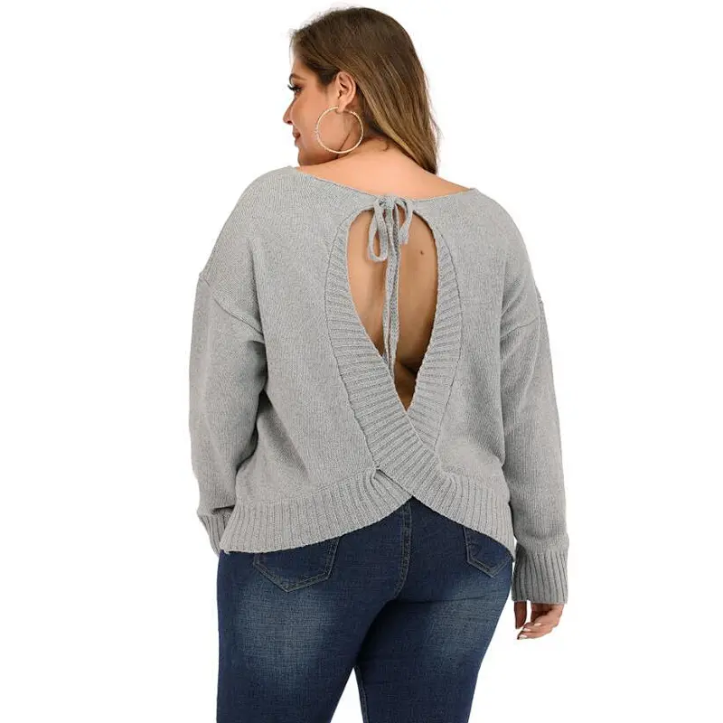 Plus size women personality strappy sexy backless V-neck thick pullover sweaters