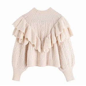Women Ruffled Cropped Knitted Sweater Vintage High Neck Lantern Sleeve Female Pullovers Chic Tops