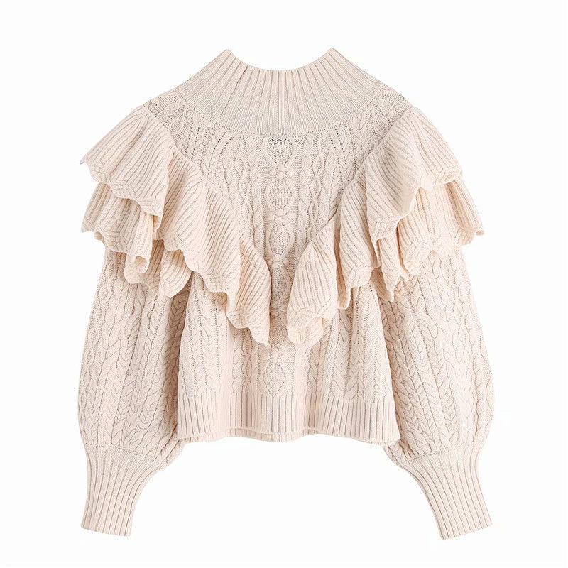 Women Ruffled Cropped Knitted Sweater Vintage High Neck Lantern Sleeve Female Pullovers Chic Tops