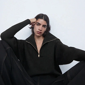 Ribbed Trim Loose Knitted Zip-up casual zipper sweater women High Collar turtle neck oversized sweaters