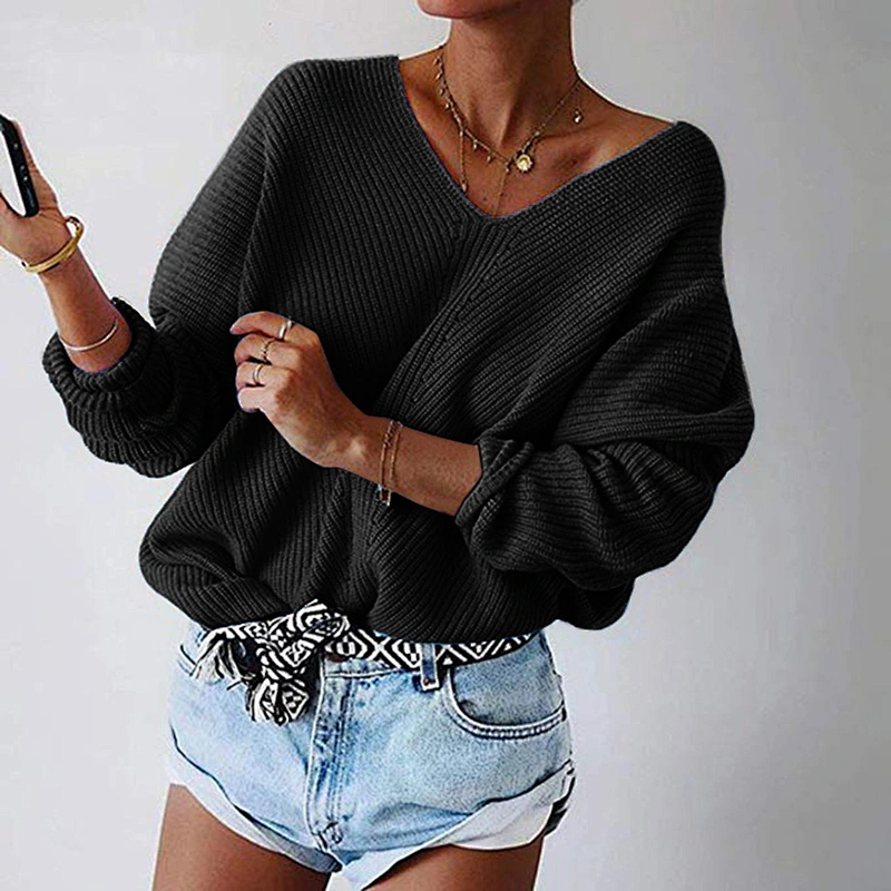 Large size V-neck pullover women clothes fashion leisure  loose knitted sweater