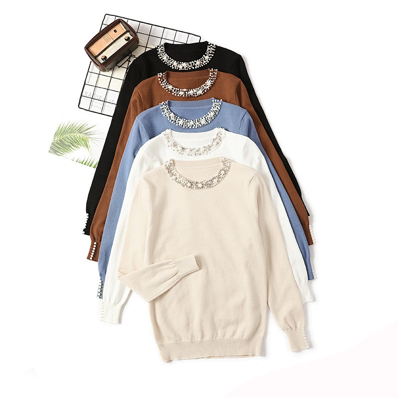 Winter beaded pullover blouses tops knitted women round neck long-sleeved sweater