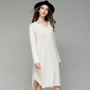 Solid color clothing loose large size knitwear casual dress long V-neck fashion sweater