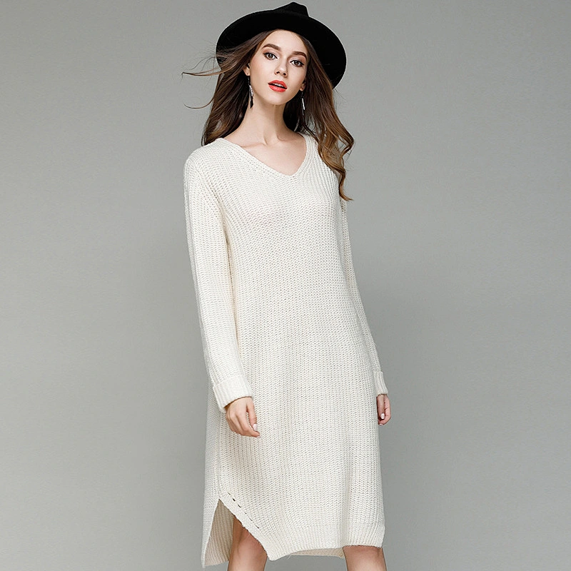 Solid color clothing loose large size knitwear casual dress long V-neck fashion sweater