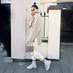 Women clothing high collar pure color sweater casual elegant fall apparel stock