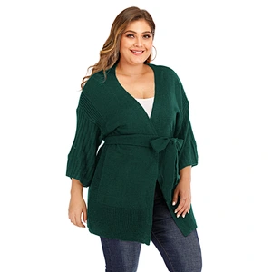 Plus size women's deep V neck knit sweater loose cardigan strap casual sweaters