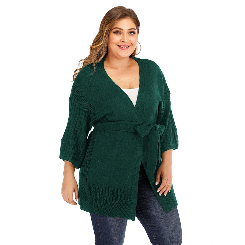 Plus size women's deep V neck knit sweater loose cardigan strap casual sweaters
