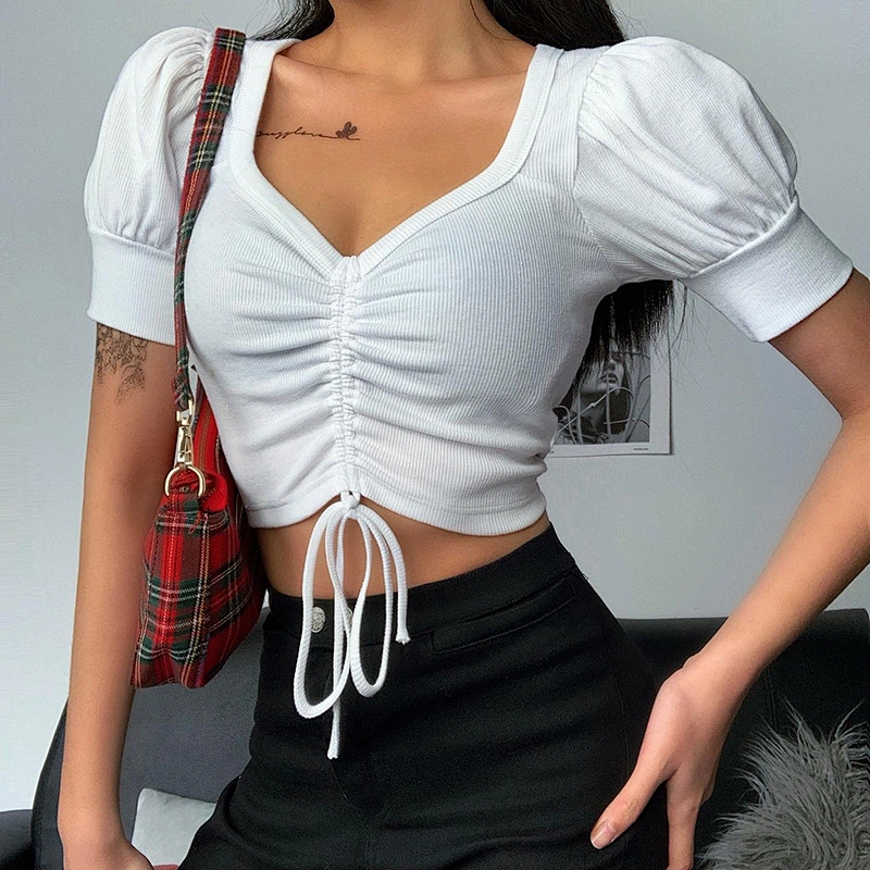 Wholesale INS Celebrities Retro Style Ruched Slim Top women summer clothing pure color ladies fashion sexy crop tops white