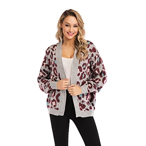 spring sweater grey leopard grain brown Diversified collocation of outer wear V-neck cardigans Sweater