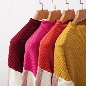 Western style new high quality women splice color sweater top autumn long sleeve polyester/cotton casual sweaters