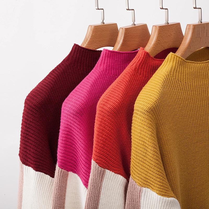 Western style new high quality women splice color sweater top autumn long sleeve polyester/cotton casual sweaters