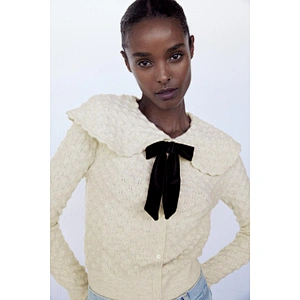 Jumpers woman Velvet Bow Striped Textured  custom knit sweater women knitted sweater for ladies