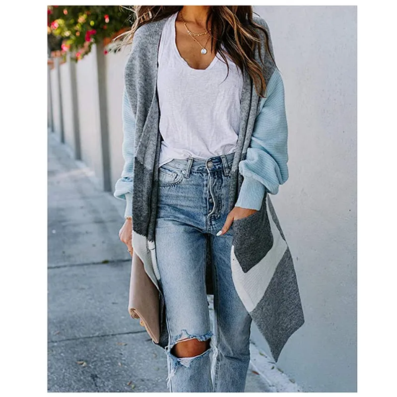 Women clothing casual contrast color coatigan elegant long cardigan apparel in stock