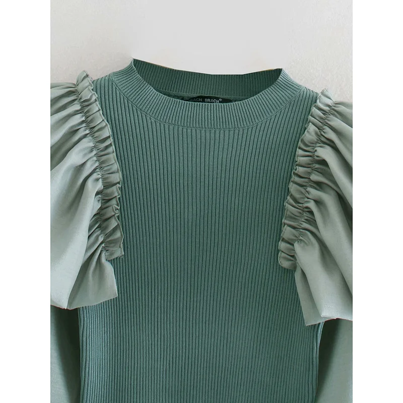 Autumn new fashion ruffle stitching stretch knitted casual blouses women knit sweater