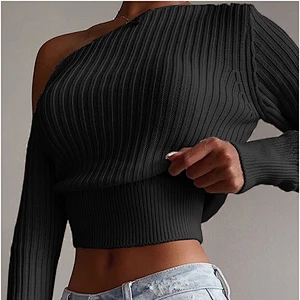 Fall clothing for women rib knit sexy sweater top pullovers off shoulder knitwear crop sweaters