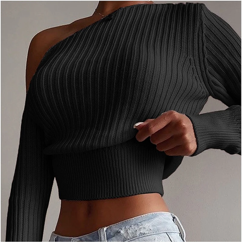 Fall clothing for women rib knit sexy sweater top pullovers off shoulder knitwear crop sweaters