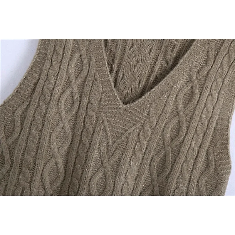 Women Ribbed Trims Cable Knitted Vest Sweaters Vintage V Neck Sleeveless Vest