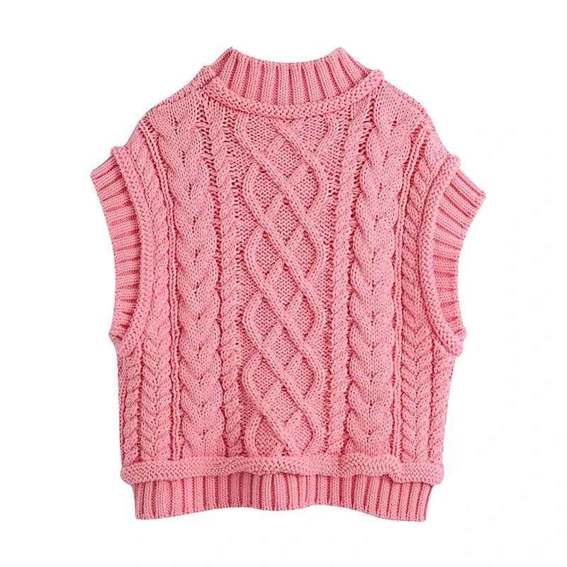 Sweet Fashion CabLe Knitted Cropped Women Vest Sweater High Neck Sleeveless Tops