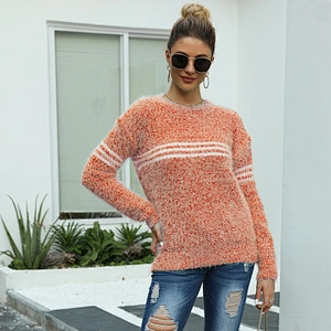Striped Long Sleeve Women Teenager Pullover Outfits Crew Neck Knit  Mohair Tops Sweater