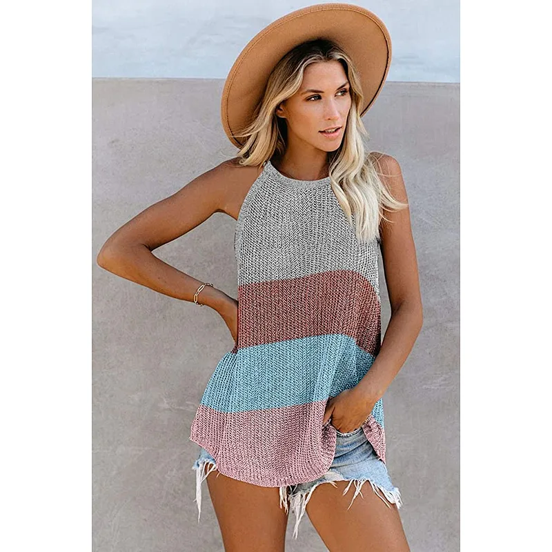 Women's color-block knitted vest halter neck round neck sleeveless knitted top shirt