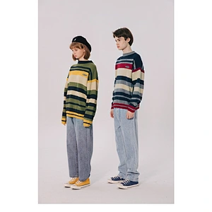 Wholesale high quality fall pullover knitted acrylic sweaters men stripe long sleeve knit sweater