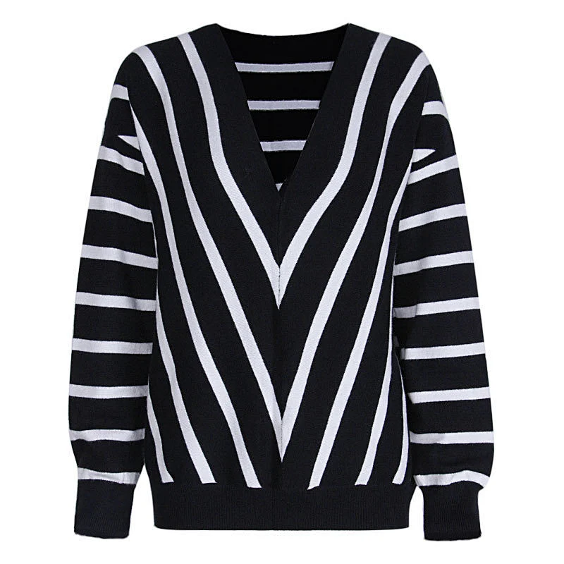 Women clothing autumn casual plus size sweater V-neck stripe knit sweater ropa de mujer