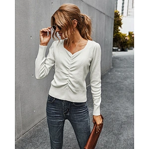 2020 New style fall sweaters for women fashion v-neck pleated knit top simple solid color shirt stock
