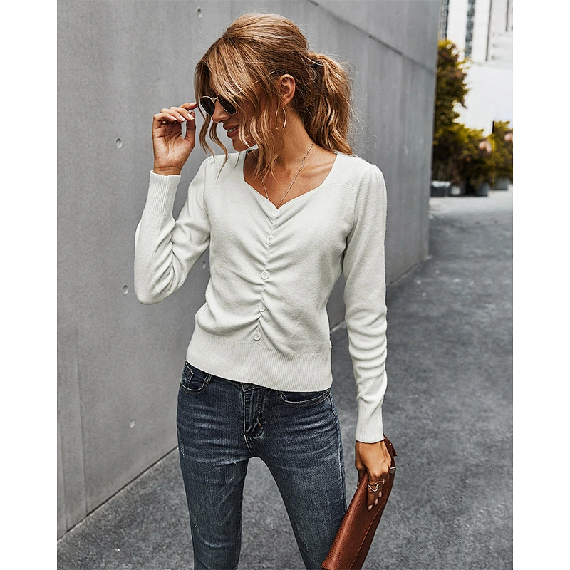 2020 New style fall sweaters for women fashion v-neck pleated knit top simple solid color shirt stock