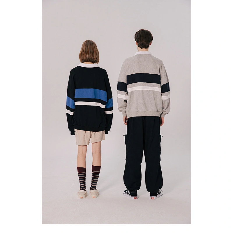 Autumn clothing women vintage polo pullover hoodie no pocket custom men grey pullover color block hoodie