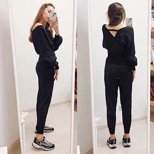 Bling off the shoulder 2 pc Sweater set Women V Neck Pullover  Autumn Winter Knitted Sweater Set