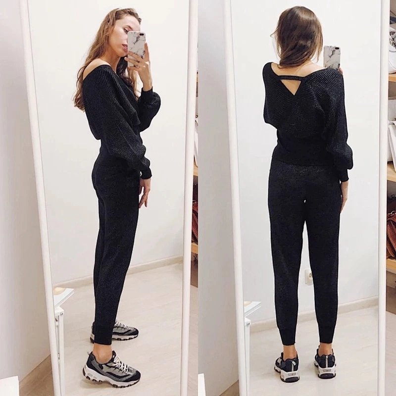 Bling off the shoulder 2 pc Sweater set Women V Neck Pullover  Autumn Winter Knitted Sweater Set