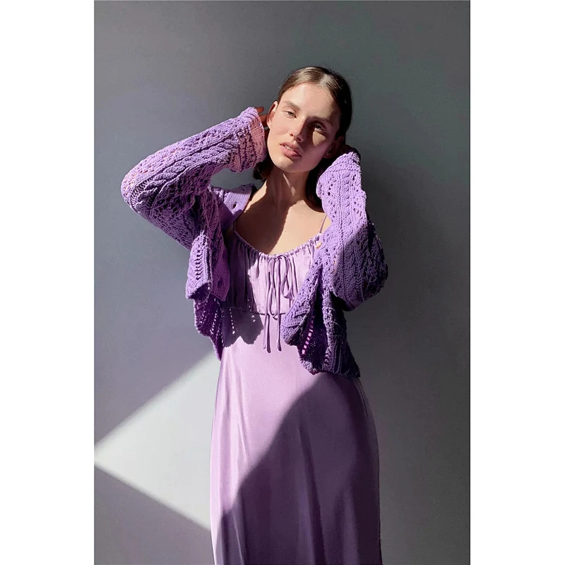 Knitted Cardigan Women Purple Green Sweater Hollow Long sleeve V neck Blouses