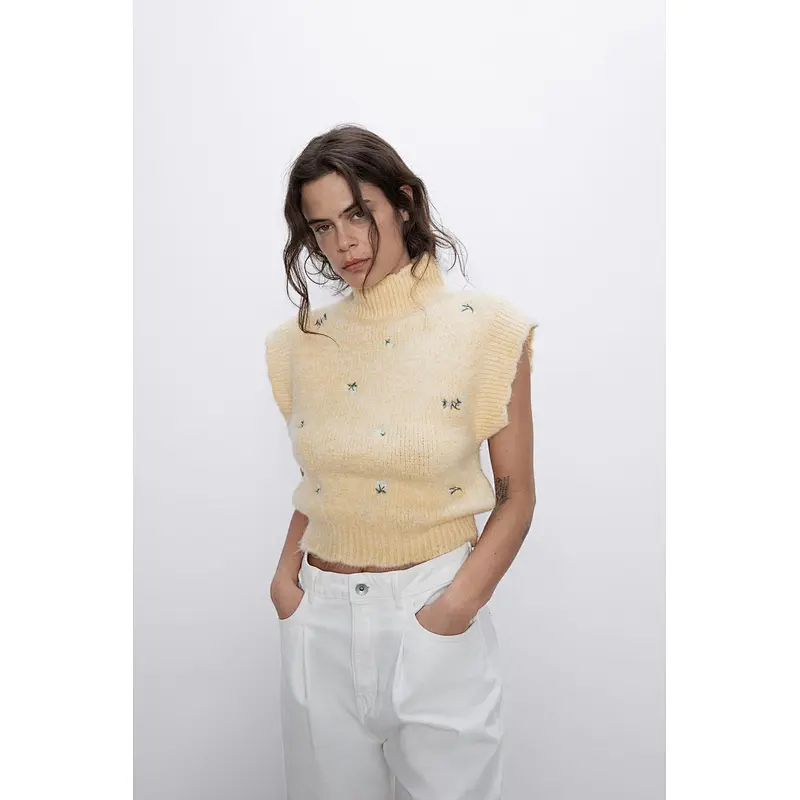 Women Sweet Fashion Floral Embroidery Knitted Vest Sweater Vintage High Neck Sleeveless Female Tops