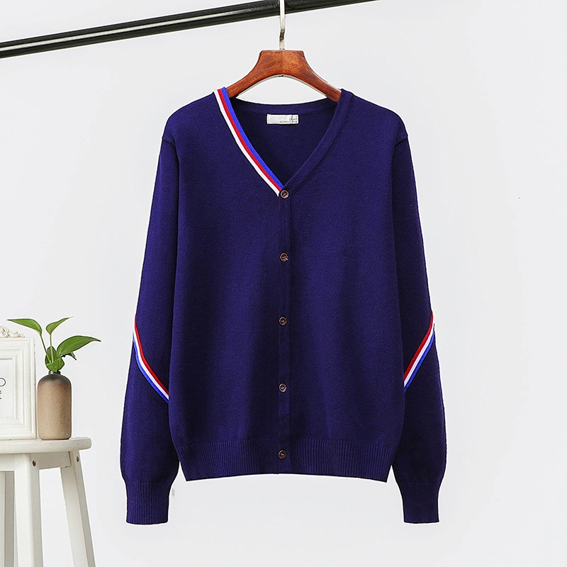Striped woven wide loose knit 14GG cardigan blouse jacket newprep v-neck sweaters
